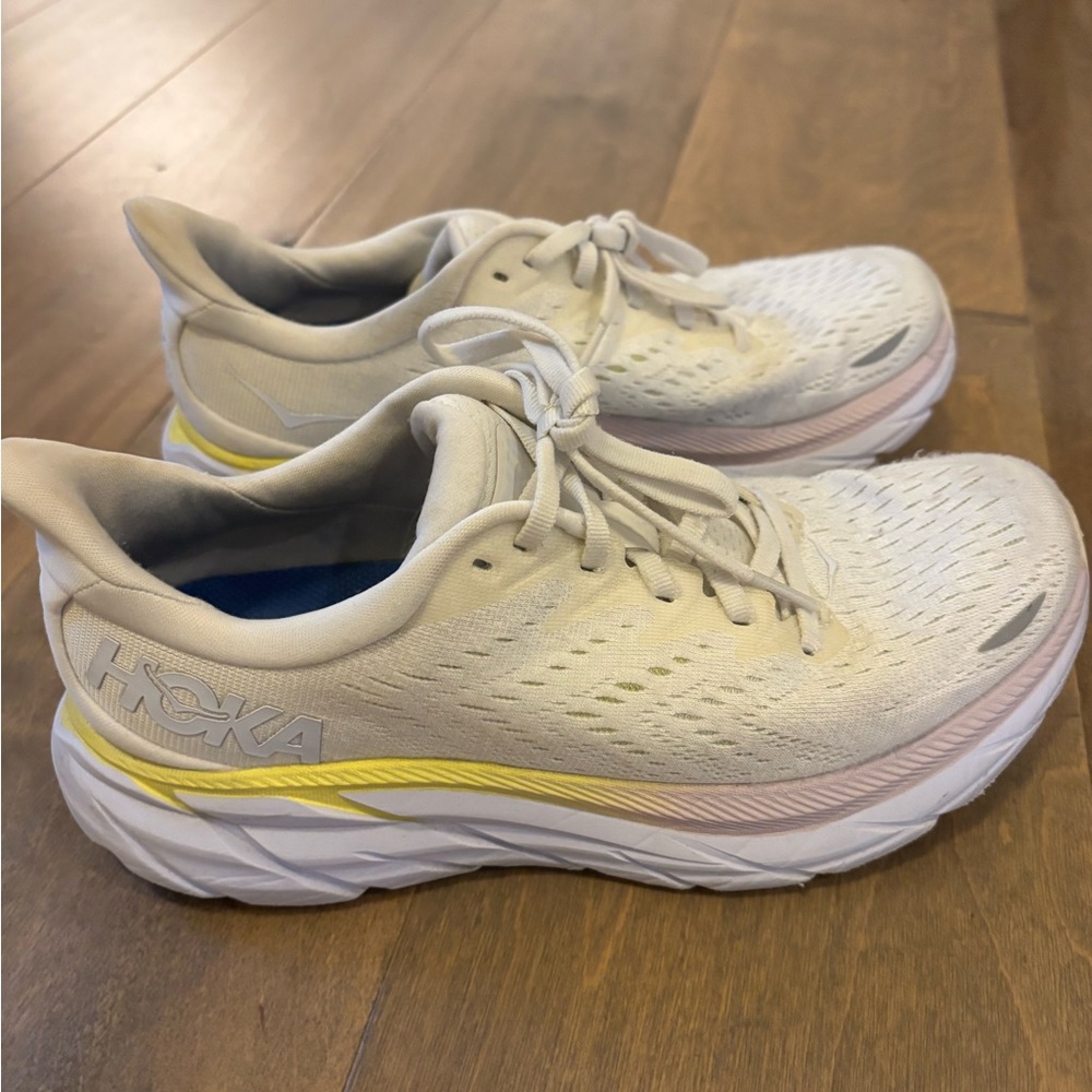 Hoka Clifton 8 Cream and Yellow Athletic Shoes with Cushioned Sole